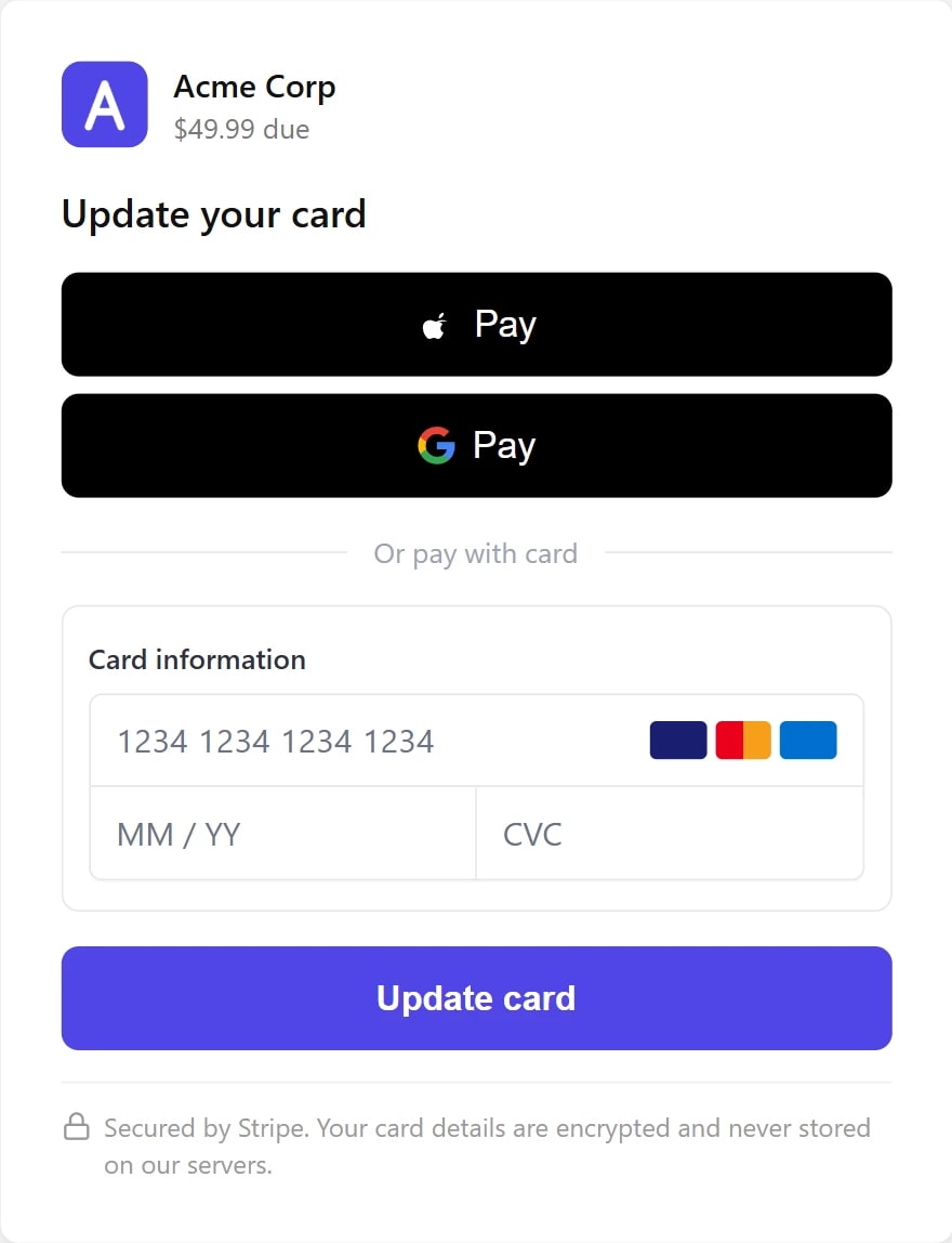 The branded card-update page a customer sees: company logo, amount due, Apple Pay and Google Pay buttons, and a card field with a one-tap update button