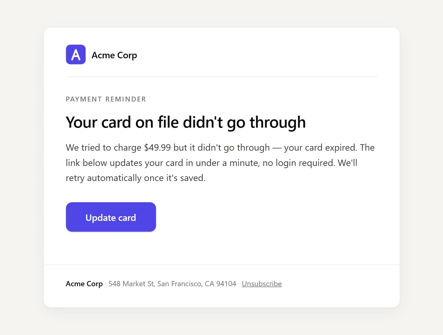 A branded recovery email on the merchant's brand with a one-tap update-card button