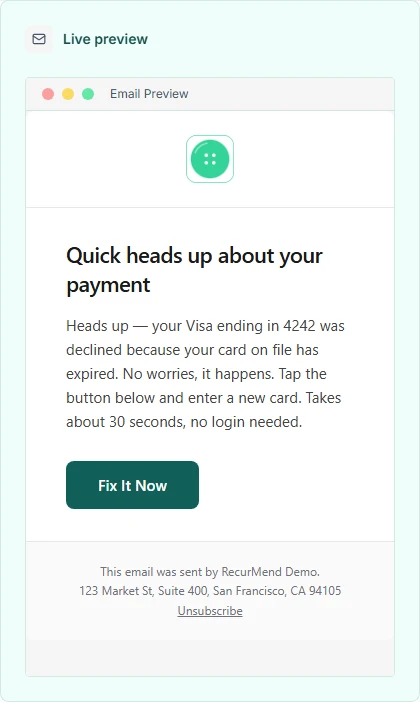 Branded recovery email preview alongside the merchant's tone and layout controls